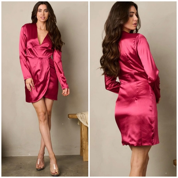 On Twelfth Dresses & Skirts - On Twelfth Magenta Satin Long Sleeves Short Dress